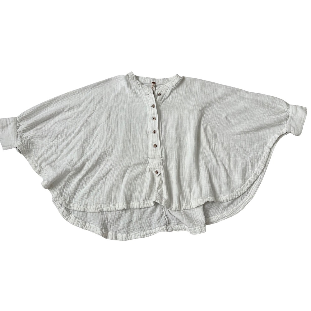 Free People Coastal Grandma Boho White Gauze Button Down Oversized Blouse M - Picture 7 of 9